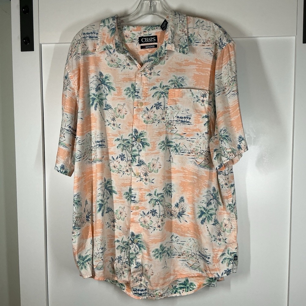 Chaps Ralph Lauren Shirt Mens XXL Beige Peach Scenic Hawaiian‎ Cotton Resort